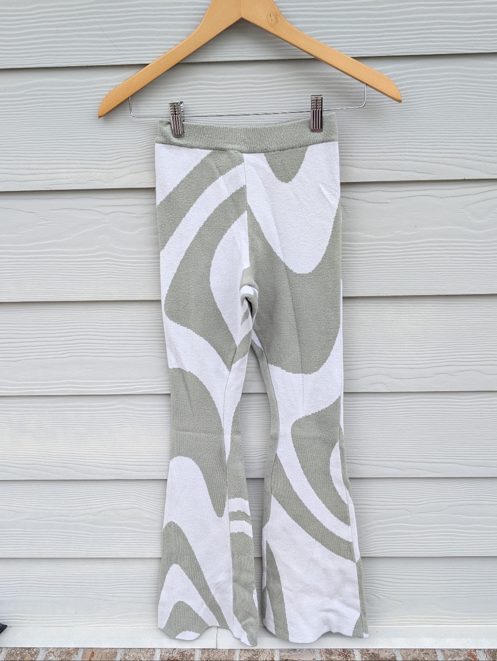 Princess Polly Pants Size XS S Green Cream High Waist Flare Knit Boho Cozy - Picture 5 of 9